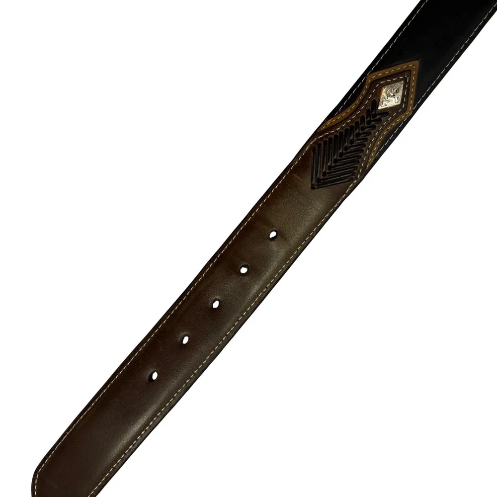 Mens Two Tone Leather Western Belt Black Brown Silver Engraved Buckle Concho